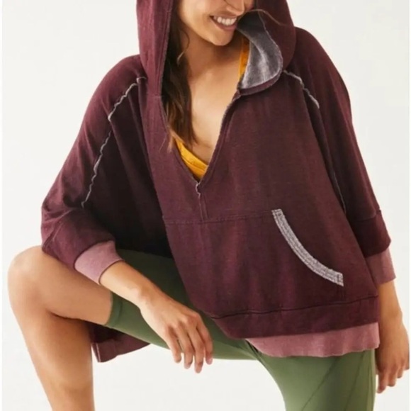 free people Tops - Free People Bonfire Hoodie Fig Jam Burgundy Oversized Cropped Size XS